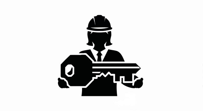 A female engineer or cryptographer holding a large key. Vector icon for security, construction, and access control. Minimalist black silhouette illustration