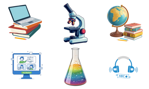 Various educational tools and resources including a laptop, microscope, globe, books, flask, and headphones, representing learning and science.