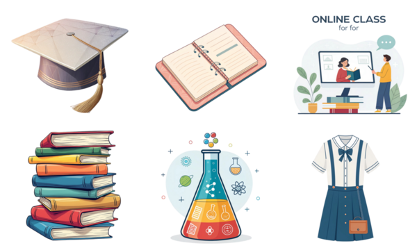 A collection of educational icons including a graduation cap, notebook, online class scene, stacked books, a laboratory flask, and a school uniform.