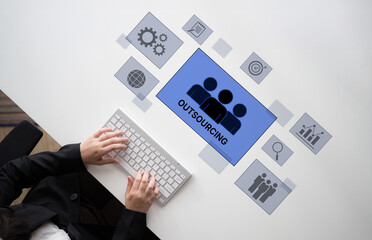 Outsourcing concept showing collaboration, delegation, global workforce, productivity, and task...