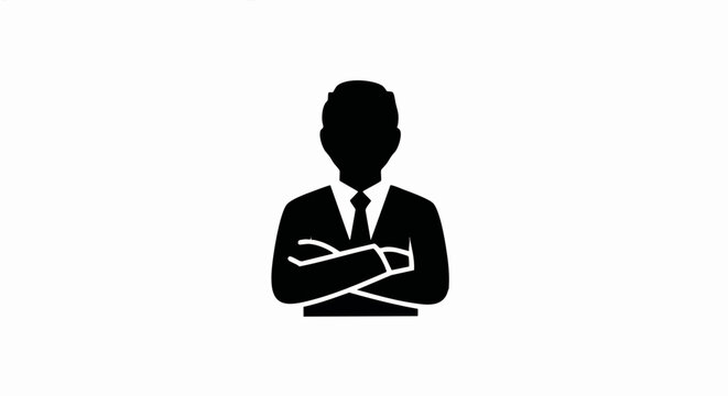 Black silhouette icon of a businessman with arms crossed. Simple flat vector graphic of a professional expert. User profile avatar symbol for business and privacy
