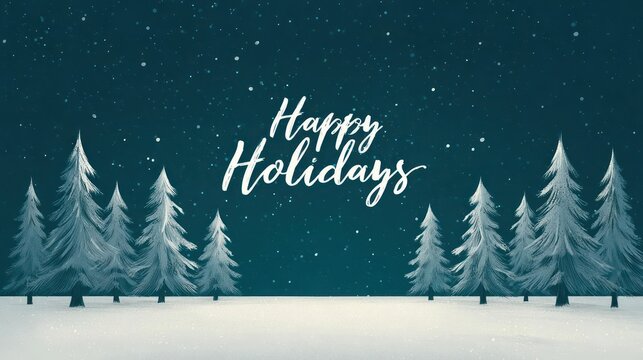 Serene winter forest scene with falling snow and happy holidays greeting in elegant script - Powered by Adobe