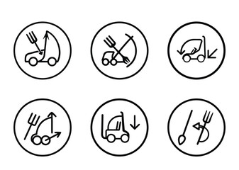 Forklift safety information signs showing direction of use and fork placement