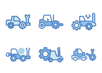 Six Blue and Light Blue Outlined Icons of Various Construction Vehicles and Components