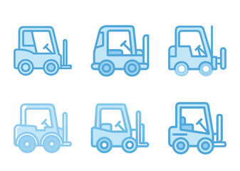 Six different light blue forklift truck icons isolated on a white background