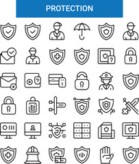 Sun & Protection icon set. Contains icons sunscreen, ultraviolet, sunglasses, SPF protection, umbrella, sunburn, sun hat and more. editable stroke. 
