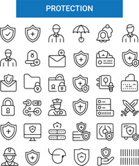 Safety, security and protection concept editable stroke outline icons set isolated on white background flat vector illustration.
