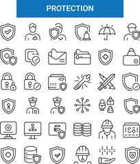 Protection Web Icon Set in Line Style. Collection of Security Linear Icons, Including defense, safe, safety and security, alarm, encryption, cybersecurity, locked, shield, guard, lock
