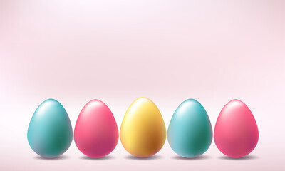 Easter day egg hunt, 3d metal golden day background. Vector podium with flying april chocolate gifts, Happy minimalistic greeting card template. Pastel business offer spring design. Religious symbol