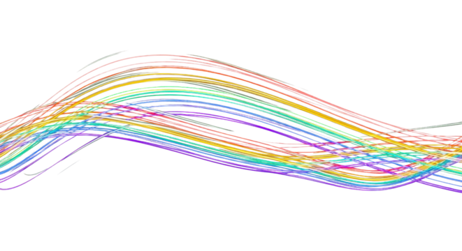 colorful rainbow light trails curving across dark black background clean png