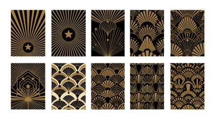 Ten vertical art deco panels with star and fan motifs in gold and black © Luan