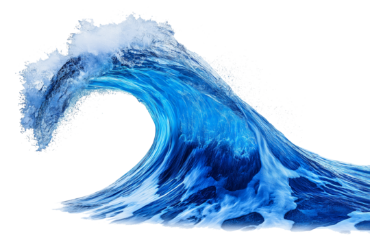 Blue ocean wave isolated on white or transparent PNG background, ideal for beach, marine, water, surfing, coastal, summer, tropical, travel, nature, and creative design projects or illustrations.
