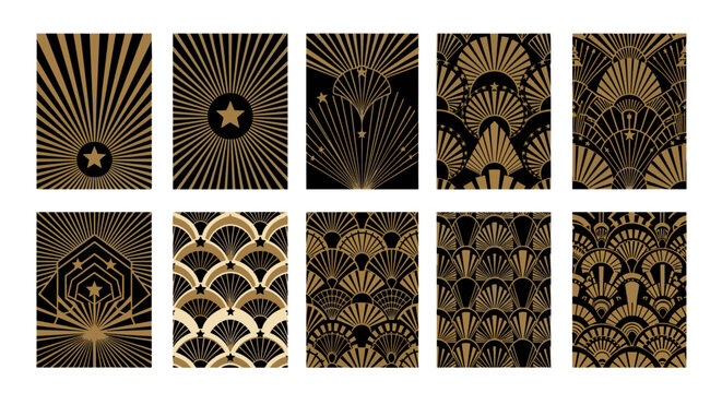 Ten vertical art deco panels with star and fan motifs in gold and black