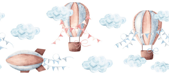 Watercolor hot air balloons, airship or dirigible seamless border, with pennants and clouds. Hand painted baby sky pattern for baby shower, nursery decor, textile prints and wallpaper. © Tatiana