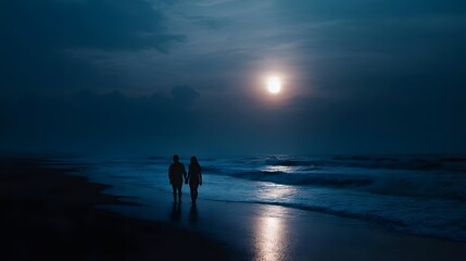 Fototapeta premium Silhouetted couple holds hands walking on a serene moonlit beach at night