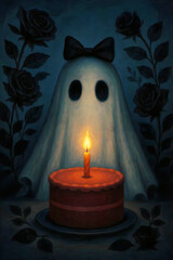 Black Roses Ghost – Birthday Cake with Black Bow Illustration