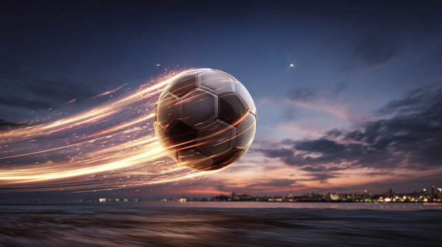 High speed soccer ball flying through the air with glowing motion trails symbolizing energy, power
