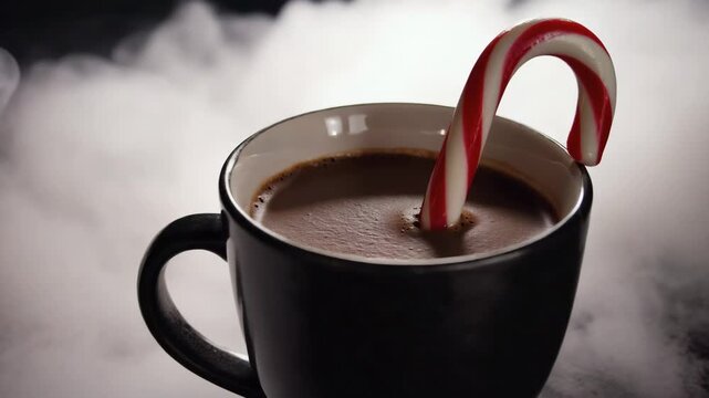 Cozy hot chocolate with candy cane on a winter evening