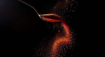 Spoon pouring vibrant orange spice powder in dramatic lighting