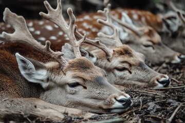 Group of resting deer with antlers lying on the forest floor during early morning hours