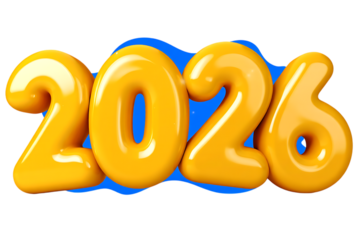 Glossy yellow 2026 numbers with blue abstract shape background isolated on transparent background