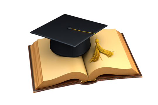 Graduation cap and open book symbolize education and knowledge achievement isolated on transparent background