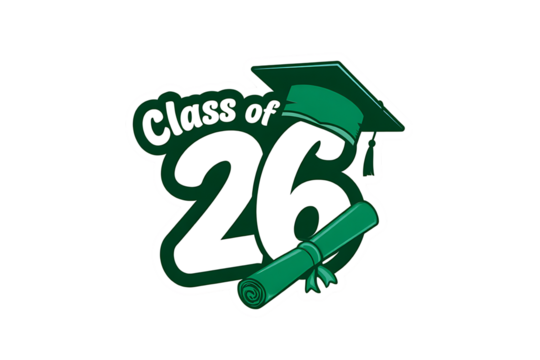 Graduation cap and diploma class of 2026 celebratory graphic isolated on transparent background