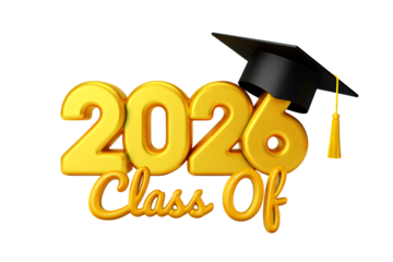 Class of 2026 graduation cap and numbers with golden glow isolated on transparent background