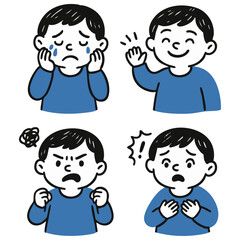 Child Emotions and Facial Expressions Set – Crying, Angry, Happy and Scared Boy | Hand-Drawn Minimal Doodle Illustration for Emotional Education and Psychology