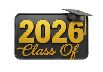 Class of 2026 graduation cap and bold text celebrating achievement isolated on transparent background