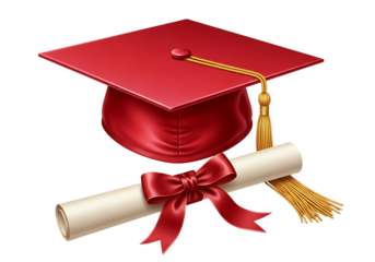 Red graduation cap tassel with diploma and red ribbon isolated on transparent background