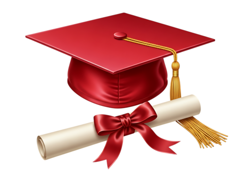 Red graduation cap tassel with diploma and red ribbon isolated on transparent background