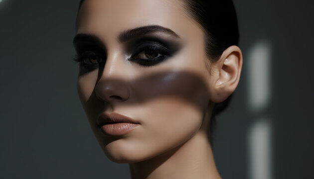 Striking portrait of a woman with black smokey eye makeup and dramatic shadow