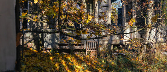 Old wooden house surrounded by autumn trees and fallen yellow leaves, sunlight creating shadows on weathered walls and empty windows.