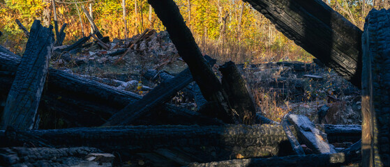 Charred wooden beams and ashes of a destroyed building lie scattered on the ground, surrounded by autumn trees glowing in sunlight.