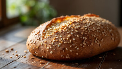 Artisan bread with sesame seeds on rustic wooden table, illuminated by natural light with a crunchy appearance.
