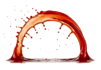 Red liquid arc splash isolated on transparent background, tomato juice or blood concept