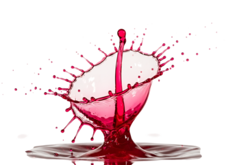 Red liquid splash isolated on transparent background, water drop collision photography