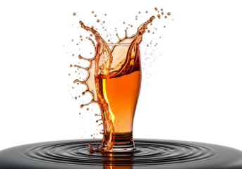Beer splash isolated on transparent background, glass of beverage in motion