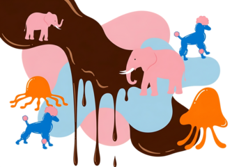 Playful illustration with animals, chocolate, and abstract shapes on transparent background