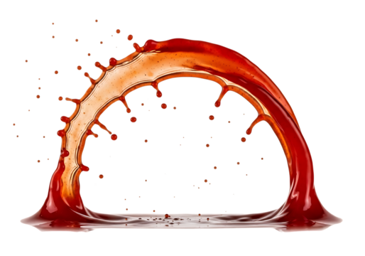 Red liquid arc splash isolated on transparent background, tomato juice or blood concept