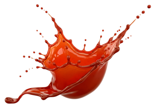 Red liquid splash isolated on transparent background, tomato juice or blood concept