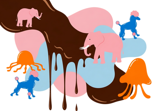 Playful illustration with animals, chocolate, and abstract shapes on transparent background