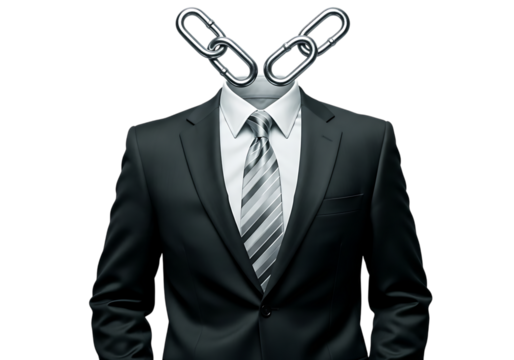 Business man in suit with chain links instead of head isolated on transparent background