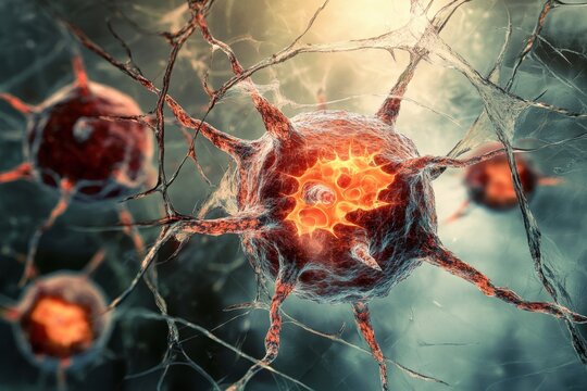 Intricate view of neurons communicating in a vibrant network during cellular activity