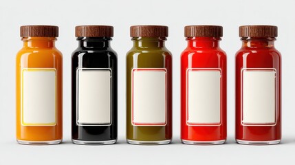 Colorful Glass Bottles Filled With Various Sauces Lined up on a Neutral Background Ready for a Culinary Experience