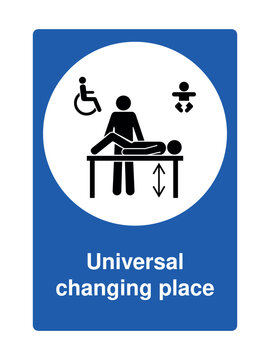 Blue universal changing place sign with explanation with adjustable table and inclusive icons for public accessibility