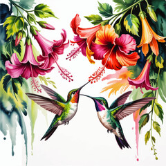 Vibrant Watercolor Hummingbirds and Tropical Flowers Illustration &ndash; Colorful Nature Art with Exotic Birds and Hibiscus for Decor