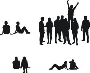 Group silhouette vector illustration, seated and standing figures, casual poses, expressive body language, social interaction, relaxed gathering concept design