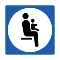 Blue priority seating sign with caregiver and child icon for individuals with small children in public spaces